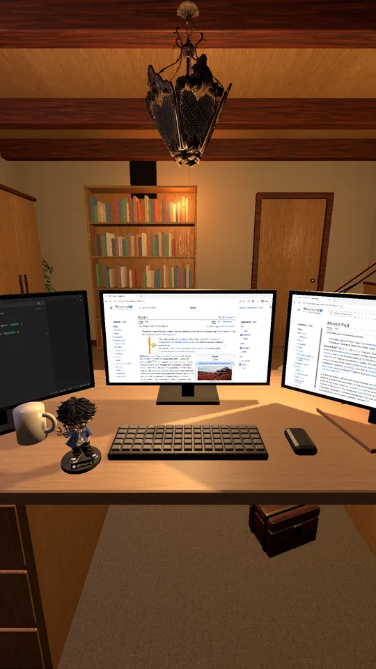 Three monitors on a desk, each showing a real window