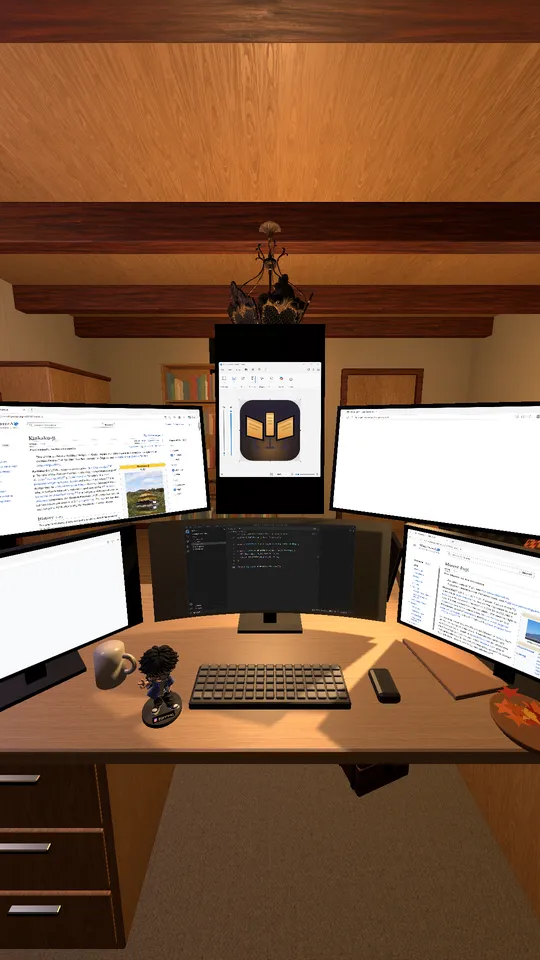 Six monitors in two rows, one in portrait